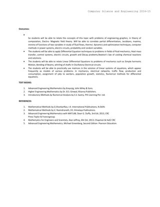 Outcomes:

he students will be able to relate the concepts of this topic with problems of engineering graphics, in theory of
computation, Electro- Magnetic field theory. Will be able to correlate partial differentiation, Jacobians, maxima,
minima of functions of two variables in study of fluid flows, thermo- dynamics and optimization techniques, computer
methods in power systems, electric circuits, probability and random variables.
 The students will be able to apply Differential Equation techniques to problems in fields of fluid mechanics, Heat mass
transfer, control systems, electric circuits, growth and Decay problems,Newton’s law of cooling chemical reactions
and solutions.
 The students will be able to relate Linear Differential Equations to problems of mechanics such as Simple harmonic
Motion, Bending of Beams, whirling of shafts In Oscillatory Electrical circuits.
 The students will be able to practically use matrices in the solution of linear systems of equations, which appear
frequently as models of various problems: In mechanics, electrical networks, traffic flow, production and
consumption, assignment of jobs to workers, population growth, statistics, Numerical methods for differential
equations.
TEXT BOOKS:
1. Advanced Engineering Mathematics by Kreyszig, John Wiley & Sons.
2. Higher Engineering Mathematics by Dr. B.S. Grewal, Khanna Publishers.
3. Introductory Methods by Numerical Analysis by S.S. Sastry, PHI Learning Pvt. Ltd.
REFERENCES:
1. Mathematical Methods by G.ShankarRao, I.K. International Publications, N.Delhi
2. Mathematical Methods by V. Ravindranath, Etl, Himalaya Publications.
3. Advanced Engineering Mathematics with MATLAB, Dean G. Duffy, 3rd Edi, 2013, CRC
Press Taylor & Francisgroup.
4. Mathematics for Engineers and Scientists, Alan Jeffrey, 6ht Edi, 2013, Chapman & Hall/ CRC
5. Advanced Engineering Mathematics, Michael Greenberg, Second Edition. Pearson Education.
Computer Science and Engineering 2014-15
 
