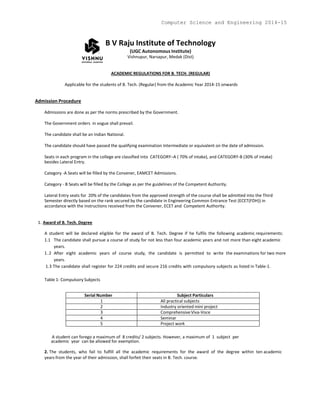 Computer Science and Engineering 2014-15
B V Raju Institute of Technology
(UGC Autonomous Institute)
Vishnupur, Narsapur, Medak (Dist)
ACADEMIC REGULATIONS FOR B. TECH. (REGULAR)
Applicable for the students of B. Tech. (Regular) from the Academic Year 2014-15 onwards
Admission Procedure
Admissions are done as per the norms prescribed by the Government.
The Government orders in vogue shall prevail.
The candidate shall be an Indian National.
The candidate should have passed the qualifying examination Intermediate or equivalent on the date of admission.
Seats in each program in the college are classified into CATEGORY–A ( 70% of intake), and CATEGORY-B (30% of intake)
besides Lateral Entry.
Category -A Seats will be filled by the Convener, EAMCET Admissions.
Category - B Seats will be filled by the College as per the guidelines of the Competent Authority.
Lateral Entry seats for 20% of the candidates from the approved strength of the course shall be admitted into the Third
Semester directly based on the rank secured by the candidate in Engineering Common Entrance Test (ECET(FDH)) in
accordance with the instructions received from the Convener, ECET and Competent Authority.
1. Award of B. Tech. Degree
A student will be declared eligible for the award of B. Tech. Degree if he fulfils the following academic requirements:
1.1 The candidate shall pursue a course of study for not less than four academic years and not more than eight academic
years.
1.2 After eight academic years of course study, the candidate is permitted to write the examinations for two more
years.
1.3 The candidate shall register for 224 credits and secure 216 credits with compulsory subjects as listed in Table-1.
Table 1: Compulsory Subjects
Serial Number Subject Particulars
1 All practical subjects
2 Industry oriented mini project
3 Comprehensive Viva-Voce
4 Seminar
5 Project work
A student can forego a maximum of 8 credits/ 2 subjects. However, a maximum of 1 subject per
academic year can be allowed for exemption.
2. The students, who fail to fulfill all the academic requirements for the award of the degree within ten academic
years from the year of their admission, shall forfeit their seats in B. Tech. course.
 