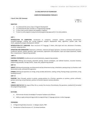 B.V.RAJU INSTITUTE OF TECHNOLOGY
COMPUTER PROGRAMMING THROUGH C
I Year B. Tech. CSE-I Semester
L T/P/D C
4 -/-/- 4
OBJECTIVE:
 To understand the various steps in Program Development.
 To understand the basic concepts in C Programming Language.
 To learn how to write modular and readable C Programs.
 To learn to write programs (using structured programming approach) in C to solve problems.
UNIT- I
INTRODUCTION TO COMPUTERS: Introduction to computers, computer systems, computing environments,
computer languages, creating and running programs, program development steps, algorithms, pseudo code, flow
charts, applying the program development method.
INTRODUCTION TO C LANGUAGE: Basic structures of C language, C tokens, data types and sizes, declaration of variables,
constants, assigning values.
OPERATORS AND EXPRESSIONS: Statements, arithmetic, relational and logical operators, increment and decrement operators,
conditional operator, bitwise operators, type conversions, expressions and evaluation, input and output statements, Header
files, C preprocessor, Programming examples.
UNIT- II
CONTROL STATEMENTS: Conditional and control statements, programming examples.
FUNCTIONS: Defining and accessing, parameter passing, function prototypes, user defined functions, recursive functions,
programming examples. Storage Classes, Scope rules, programming example.
UNIT- III
ARRAYS: Defining and processing, one dimensional and two dimensional arrays, initialization, passing arrays to a function, multi
dimensional arrays, command line arguments.
STRINGS: Defining and operations on strings, string variables declaration, reading, writing. Passing strings as parameters, string
handling functions.
UNIT- IV
POINTERS: Basic Concepts, pointer to pointer, passing pointers to a function, operations on pointers, pointer arithmetic,
pointers and arrays, array of pointers, pointers to function, dynamic memory allocation.
UNIT V
CONSOLE AND FILE I/O: File, types of files, file vs. console, file structure, file attributes, file operations, standard I/O, formatted
I/O, programming examples
OUTCOME:
 Demonstrate the basic knowledge of computer hardware and software.
 Ability to apply solving and logical skills to programming in C language and also in other languages.
TEXTBOOKS:
1. C Programming & Data structures – E. Balaguru Swami, TMH
2. Introduction to Data Structures in C, 1/e Ashok Kamthane
Computer Science and Engineering 2014-15
 