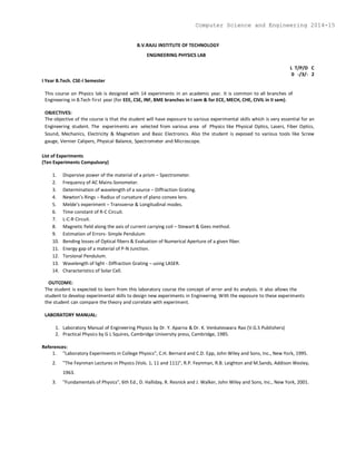 B.V.RAJU INSTITUTE OF TECHNOLOGY
ENGINEERING PHYSICS LAB
L T/P/D C
0 -/3/- 2
I Year B.Tech. CSE-I Semester
This course on Physics lab is designed with 14 experiments in an academic year. It is common to all branches of
Engineering in B.Tech first year (for EEE, CSE, INF, BME branches in I sem & for ECE, MECH, CHE, CIVIL in II sem).
OBJECTIVES:
The objective of the course is that the student will have exposure to various experimental skills which is very essential for an
Engineering student. The experiments are selected from various area of Physics like Physical Optics, Lasers, Fiber Optics,
Sound, Mechanics, Electricity & Magnetism and Basic Electronics. Also the student is exposed to various tools like Screw
gauge, Vernier Calipers, Physical Balance, Spectrometer and Microscope.
List of Experiments
(Ten Experiments Compulsory)
1. Dispersive power of the material of a prism – Spectrometer.
2. Frequency of AC Mains-Sonometer.
3. Determination of wavelength of a source – Diffraction Grating.
4. Newton’s Rings – Radius of curvature of plano convex lens.
5. Melde’s experiment – Transverse & Longitudinal modes.
6. Time constant of R-C Circuit.
7. L-C-R Circuit.
8. Magnetic field along the axis of current carrying coil – Stewart & Gees method.
9. Estimation of Errors- Simple Pendulum
10. Bending losses of Optical fibers & Evaluation of Numerical Aperture of a given fiber.
11. Energy gap of a material of P-N Junction.
12. Torsional Pendulum.
13. Wavelength of light - Diffraction Grating – using LASER.
14. Characteristics of Solar Cell.
OUTCOME:
The student is expected to learn from this laboratory course the concept of error and its analysis. It also allows the
student to develop experimental skills to design new experiments in Engineering. With the exposure to these experiments
the student can compare the theory and correlate with experiment.
LABORATORY MANUAL:
1. Laboratory Manual of Engineering Physics by Dr. Y. Aparna & Dr. K. Venkateswara Rao (V.G.S Publishers)
2. Practical Physics by G L Squires, Cambridge University press, Cambridge, 1985.
References:
1. "Laboratory Experiments in College Physics", C.H. Bernard and C.D. Epp, John Wiley and Sons, Inc., New York, 1995.
2. "The Feynman Lectures in Physics (Vols. 1, 11 and 111)", R.P. Feynman, R.B. Leighton and M.Sands, Addison Wesley,
1963.
3. "Fundamentals of Physics", 6th Ed., D. Halliday, R. Resnick and J. Walker, John Wiley and Sons, Inc., New York, 2001.
Computer Science and Engineering 2014-15
 