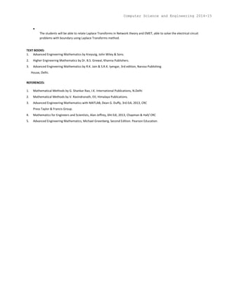 
The students will be able to relate Laplace Transforms in Network theory and EMET, able to solve the electrical circuit
problems with boundary using Laplace Transforms method.
TEXT BOOKS:
1. Advanced Engineering Mathematics by Kreyszig, John Wiley & Sons.
2. Higher Engineering Mathematics by Dr. B.S. Grewal, Khanna Publishers.
3. Advanced Engineering Mathematics by R.K. Jain & S.R.K. Iyengar, 3rd edition, Narosa Publishing
House, Delhi.
REFERENCES:
1. Mathematical Methods by G. Shankar Rao, I.K. International Publications, N.Delhi
2. Mathematical Methods by V. Ravindranath, Etl, Himalaya Publications.
3. Advanced Engineering Mathematics with MATLAB, Dean G. Duffy, 3rd Edi, 2013, CRC
Press Taylor & Francis Group.
4. Mathematics for Engineers and Scientists, Alan Jeffrey, 6ht Edi, 2013, Chapman & Hall/ CRC
5. Advanced Engineering Mathematics, Michael Greenberg, Second Edition. Pearson Education.
Computer Science and Engineering 2014-15
 