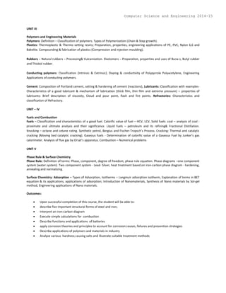 UNIT III
Polymers and Engineering Materials
Polymers: Definition – Classification of polymers. Types of Polymerization (Chain & Step growth).
Plastics: Thermoplastic & Thermo setting resins; Preparation, properties, engineering applications of PE, PVC, Nylon 6,6 and
Bakelite. Compounding & fabrication of plastics (Compression and injection moulding).
Rubbers – Natural rubbers – Processing& Vulcanization. Elastomers – Preparation, properties and uses of Buna-s, Butyl rubber
and Thiokol rubber.
Conducting polymers: Classification (Intrinsic & Extrinsic), Doping & conductivity of Polypyrrole Polyacetylene, Engineering
Applications of conducting polymers.
Cement: Composition of Portland cement, setting & hardening of cement (reactions), Lubricants: Classification with examples-
Characteristics of a good lubricant & mechanism of lubrication (thick film, thin film and extreme pressure) – properties of
lubricants: Brief description of viscosity, Cloud and pour point, flash and fire points. Refractories: Characteristics and
classification of Refractory.
UNIT – IV
Fuels and Combustion
Fuels – Classification and characteristics of a good fuel. Calorific value of fuel – HCV, LCV, Solid fuels: coal – analysis of coal -
proximate and ultimate analysis and their significance. Liquid fuels – petroleum and its refining& Fractional Distillation.
Knocking – octane and cetane rating. Synthetic petrol, Bergius and Fischer-Tropsch’s Process. Cracking: Thermal and catalytic
cracking (Moving bed catalytic cracking). Gaseous fuels - Determination of calorific value of a Gaseous Fuel by Junker’s gas
calorimeter. Analysis of flue gas by Orsat’s apparatus. Combustion – Numerical problems
UNIT V
Phase Rule & Surface Chemistry
Phase Rule: Definition of terms: Phase, component, degree of freedom, phase rule equation. Phase diagrams –one component
system (water system). Two component system - Lead- Silver, heat treatment based on iron-carbon phase diagram - hardening,
annealing and normalizing.
Surface Chemistry: Adsorption – Types of Adsorption, Isotherms – Langmuir adsorption isotherm, Explanation of terms in BET
equation & its applications, applications of adsorption; Introduction of Nanomaterials, Synthesis of Nano materials by Sol-gel
method, Engineering applications of Nano materials.
Outcomes:
 Upon successful completion of this course, the student will be able to:
 describe five important structural forms of steel and iron;
 Interpret an iron-carbon diagram
 Execute simple calculations for combustion
 Describe functions and applications of batteries
 apply corrosion theories and principles to account for corrosion causes, failures and prevention strategies
 Describe applications of polymers and materials in industry
 Analyze various hardness causing salts and illustrate suitable treatment methods
Computer Science and Engineering 2014-15
 