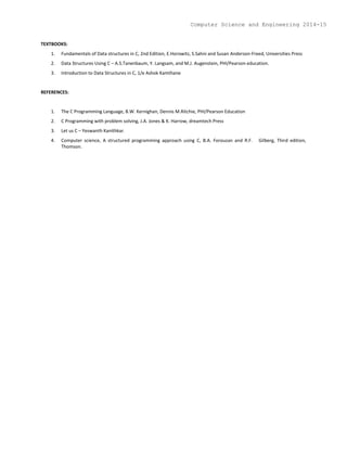 TEXTBOOKS:
1. Fundamentals of Data structures in C, 2nd Edition, E.Horowitz, S.Sahni and Susan Anderson-Freed, Universities Press
2. Data Structures Using C – A.S.Tanenbaum, Y. Langsam, and M.J. Augenstein, PHI/Pearson education.
3. Introduction to Data Structures in C, 1/e Ashok Kamthane
REFERENCES:
1. The C Programming Language, B.W. Kernighan, Dennis M.Ritchie, PHI/Pearson Education
2. C Programming with problem solving, J.A. Jones & K. Harrow, dreamtech Press
3. Let us C – Yeswanth Kanithkar.
4. Computer science, A structured programming approach using C, B.A. Forouzan and R.F. Gilberg, Third edition,
Thomson.
Computer Science and Engineering 2014-15
 