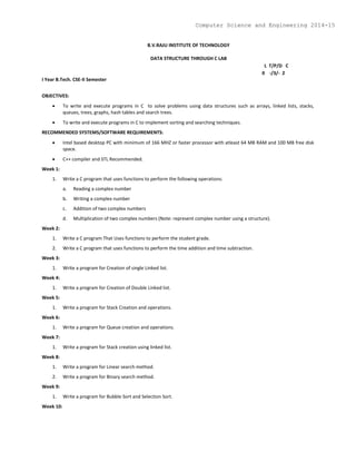 B.V.RAJU INSTITUTE OF TECHNOLOGY
DATA STRUCTURE THROUGH C LAB
L T/P/D C
0 -/3/- 2
I Year B.Tech. CSE-II Semester
OBJECTIVES:
 To write and execute programs in C to solve problems using data structures such as arrays, linked lists, stacks,
queues, trees, graphs, hash tables and search trees.
 To write and execute programs in C to implement sorting and searching techniques.
RECOMMENDED SYSTEMS/SOFTWARE REQUIREMENTS:
 Intel based desktop PC with minimum of 166 MHZ or faster processor with atleast 64 MB RAM and 100 MB free disk
space.
 C++ compiler and STL Recommended.
Week 1:
1. Write a C program that uses functions to perform the following operations:
a. Reading a complex number
b. Writing a complex number
c. Addition of two complex numbers
d. Multiplication of two complex numbers (Note: represent complex number using a structure).
Week 2:
1. Write a C program That Uses functions to perform the student grade.
2. Write a C program that uses functions to perform the time addition and time subtraction.
Week 3:
1. Write a program for Creation of single Linked list.
Week 4:
1. Write a program for Creation of Double Linked list.
Week 5:
1. Write a program for Stack Creation and operations.
Week 6:
1. Write a program for Queue creation and operations.
Week 7:
1. Write a program for Stack creation using linked list.
Week 8:
1. Write a program for Linear search method.
2. Write a program for Binary search method.
Week 9:
1. Write a program for Bubble Sort and Selection Sort.
Week 10:
Computer Science and Engineering 2014-15
 