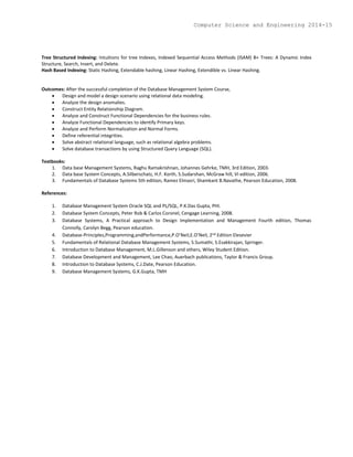 Tree Structured Indexing: Intuitions for tree Indexes, Indexed Sequential Access Methods (ISAM) B+ Trees: A Dynamic Index
Structure, Search, Insert, and Delete.
Hash Based Indexing: Static Hashing, Extendable hashing, Linear Hashing, Extendible vs. Linear Hashing.
Outcomes: After the successful completion of the Database Management System Course,
 Design and model a design scenario using relational data modeling.
 Analyze the design anomalies.
 Construct Entity Relationship Diagram.
 Analyze and Construct Functional Dependencies for the business rules.
 Analyze Functional Dependencies to identify Primary keys.
 Analyze and Perform Normalization and Normal Forms.
 Define referential integrities.
 Solve abstract relational language, such as relational algebra problems.
 Solve database transactions by using Structured Query Language (SQL).
Textbooks:
1. Data base Management Systems, Raghu Ramakrishnan, Johannes Gehrke, TMH, 3rd Edition, 2003.
2. Data base System Concepts, A.Silberschatz, H.F. Korth, S.Sudarshan, McGraw hill, VI edition, 2006.
3. Fundamentals of Database Systems 5th edition, Ramez Elmasri, Shamkant B.Navathe, Pearson Education, 2008.
References:
1. Database Management System Oracle SQL and PL/SQL, P.K.Das Gupta, PHI.
2. Database System Concepts, Peter Rob & Carlos Coronel, Cengage Learning, 2008.
3. Database Systems, A Practical approach to Design Implementation and Management Fourth edition, Thomas
Connolly, Carolyn Begg, Pearson education.
4. Database-Principles,Programming,andPerformance,P.O’Neil,E.O’Neil, 2nd Edition Elesevier
5. Fundamentals of Relational Database Management Systems, S.Sumathi, S.Esakkirajan, Springer.
6. Introduction to Database Management, M.L.Gillenson and others, Wiley Student Edition.
7. Database Development and Management, Lee Chao, Auerbach publications, Taylor & Francis Group.
8. Introduction to Database Systems, C.J.Date, Pearson Education.
9. Database Management Systems, G.K.Gupta, TMH
Computer Science and Engineering 2014-15
 