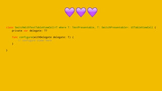 !!!
class SwitchWithTextTableViewCell<T where T: TextPresentable, T: SwitchPresentable>: UITableViewCell {
private var delegate: T?
func configure(withDelegate delegate: T) {
// configure views here
}
}
 