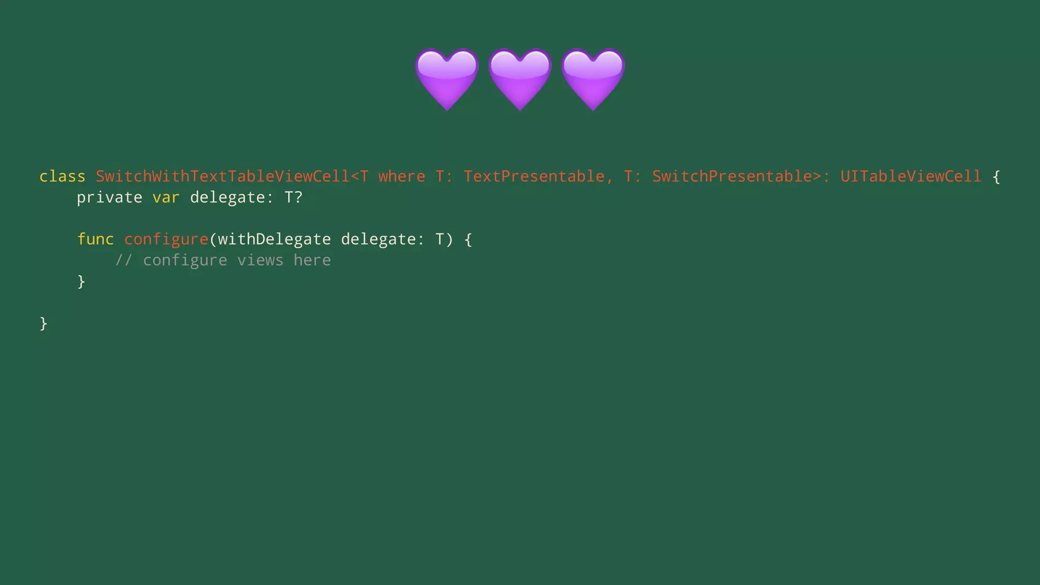 !!!
class SwitchWithTextTableViewCell<T where T: TextPresentable, T: SwitchPresentable>: UITableViewCell {
private var delegate: T?
func configure(withDelegate delegate: T) {
// configure views here
}
}
 