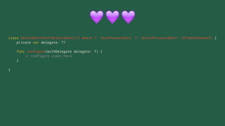 !!!
class SwitchWithTextTableViewCell<T where T: TextPresentable, T: SwitchPresentable>: UITableViewCell {
private var delegate: T?
func configure(withDelegate delegate: T) {
// configure views here
}
}
 