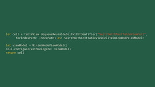 let cell = tableView.dequeueReusableCellWithIdentifier("SwitchWithTextTableViewCell",
forIndexPath: indexPath) as! SwitchWithTextTableViewCell<MinionModeViewModel>
let viewModel = MinionModeViewModel()
cell.configure(withDelegate: viewModel)
return cell
 