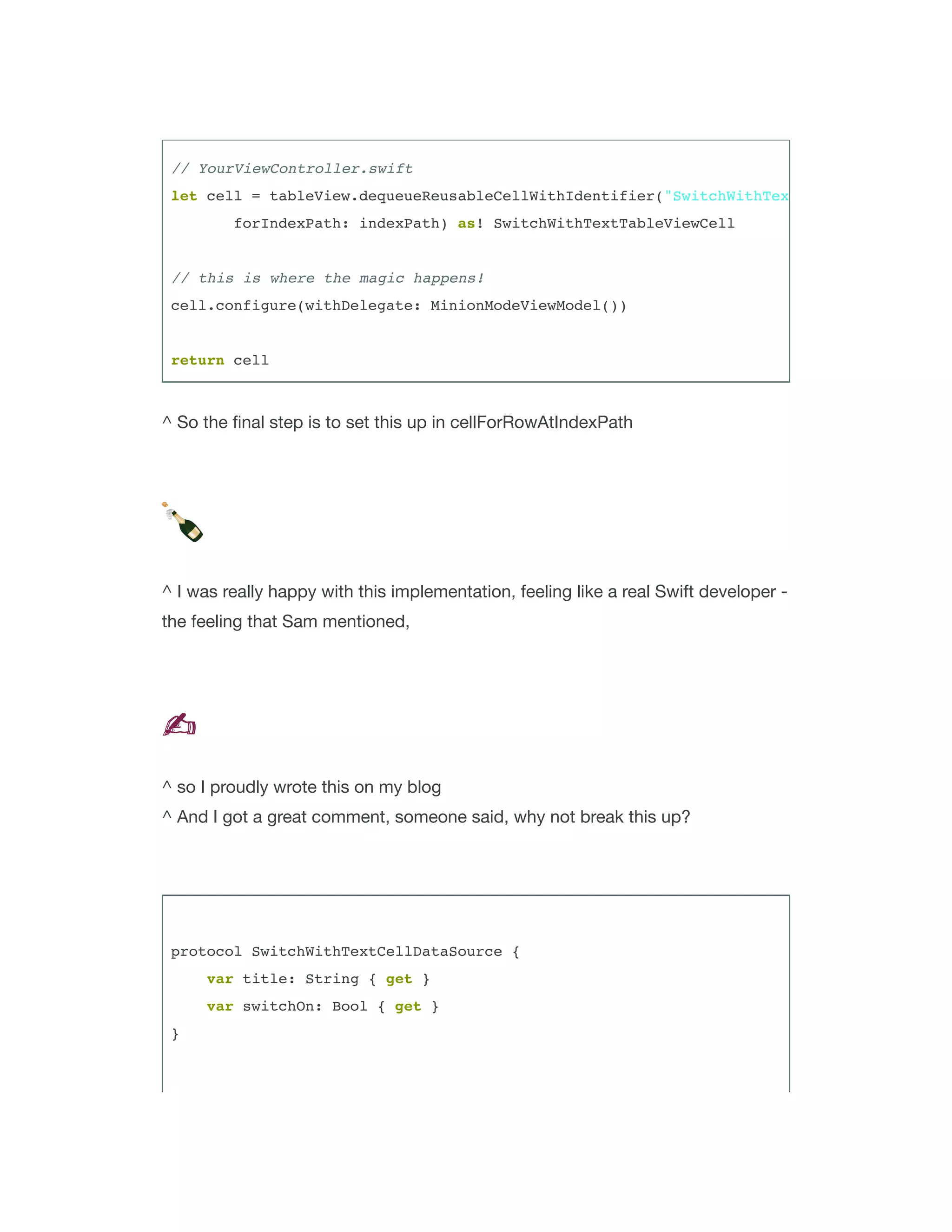 VIEWMODEL
struct AccountViewModel {
let displayBalance: String
init(model: BankAccount) {
let formattedBalance = model.balance.currencyValue
displayBalance = "Your balance is (formattedBalance)"
}
}
 