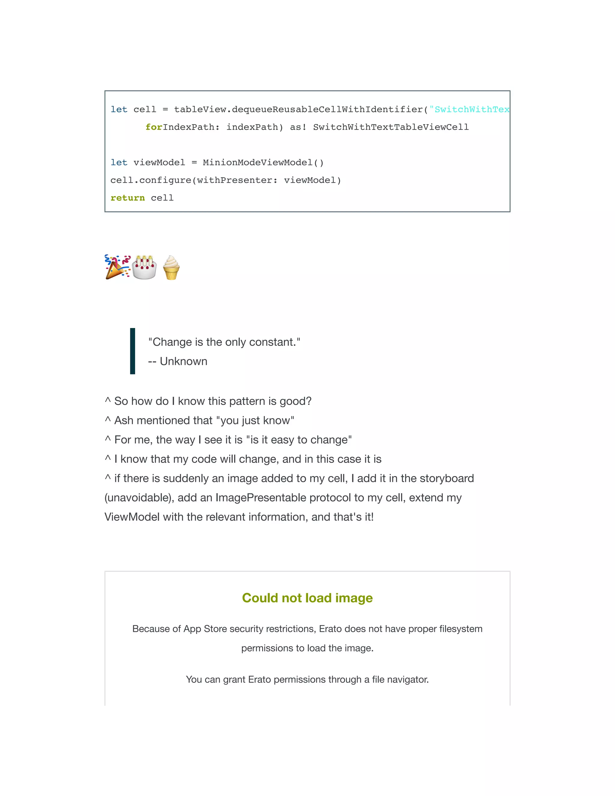 THE PROBLEM
class SwitchWithTextTableViewCell: UITableViewCell {
func configure(
title: String,
titleFont: UIFont,
titleColor: UIColor,
switchOn: Bool,
switchColor: UIColor = .purpleColor(),
onSwitchToggleHandler: onSwitchToggleHandlerType? = nil)
{
// configure views here
}
}
 
