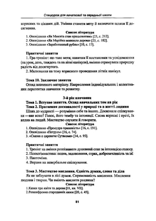 Споцщгреи для початкової та овредньої школи
корисних та цікавих дій. Уміння ставити мету й визначати шляхи її до-
СЯГНЄІ-ІНЯ.
Список літерпури
І. Оповідання «Як Микита став нрацьовитшив [25, с. 212].
2. Оповідання «Як Марійка нолнвала дерева» [25, с. 182].
3. Оповідання «Заработанный рубль» [І0, с. 1?].
Практичні заняття
1. Гра-треніг-п*: що таке мета; навички її постановки та усвідомлення
(на урок, день, тиждень таналітні канікули), вміння отримувати природну
радість від досягнутого.
2. Малювання на тему корисного проведення літніх канікул.
Тема 10.. Заключна заняття
Огляд вивченого матеріагіу. Накреслення індивідуальних і колектив-
них перспектив навчання та розвитку.
З-й рік навчання
Тема 1. Вступне заняття. Огляд навчальних тем на рік
Тема 2. Прагнення досконалості у природі та в житті людини
Шлях до мудрості - розуміння себе та інших. Досконале спілкуван-
ня --яке воно? Голос, його тембр та інтонації. Слова юрисні і пусті, і'х
вплив на людей. Мистецтво слухати й говориш.
Список літератури
1. Оповідання «Прсмудра приповість» [16, с. 1911.
2. Оповідання «Петрусь» [16, с. 74].
3. «Сказка о царевиче Сутасоые» [14, с. 951.
Практичні заняття
1. Тренінг на вміння розпізнаш душевниіі стан заінтонаціеіо голосу:
2. Психогімнастика: подив, задоволення, стршс, добровичливістъ та іъіі 1
3. Пантоміма.
4. Вправи на невербальне спілкування.
Тема 3. Мистецтво мислення. Єдність думки, слова та діла
Як не заблукати в лісі думок. Спрямованість мислення. Мислення
людини і тварин. Чи вміють мислити рослини?
Список літератури
1.Казки про квіти та дерева [11, кн. УІІ].
2.Роашифровка старгдгвніх кааок [20, с. 4Ѕ].
81
 