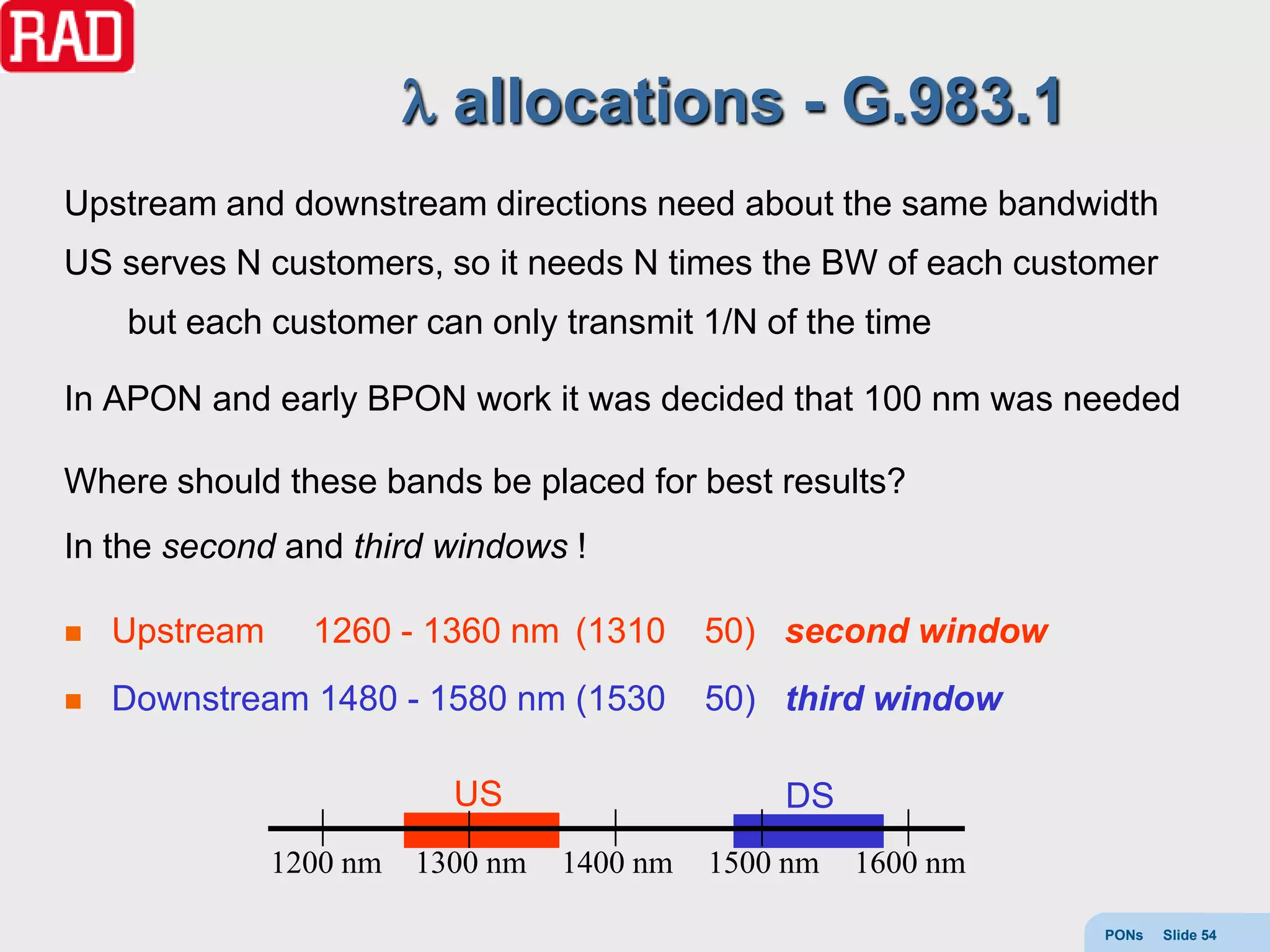 allocations - G.983.1
Upstream and downstream directions need about the same bandwidth
US serves N customers, so it needs N times the BW of each customer
    but each customer can only transmit 1/N of the time

In APON and early BPON work it was decided that 100 nm was needed

Where should these bands be placed for best results?
In the second and third windows !

   Upstream     1260 - 1360 nm (1310        50) second window
   Downstream 1480 - 1580 nm (1530          50) third window

                           US                    DS
               1200 nm   1300 nm   1400 nm   1500 nm   1600 nm

                                                                 PONs   Slide 54
 