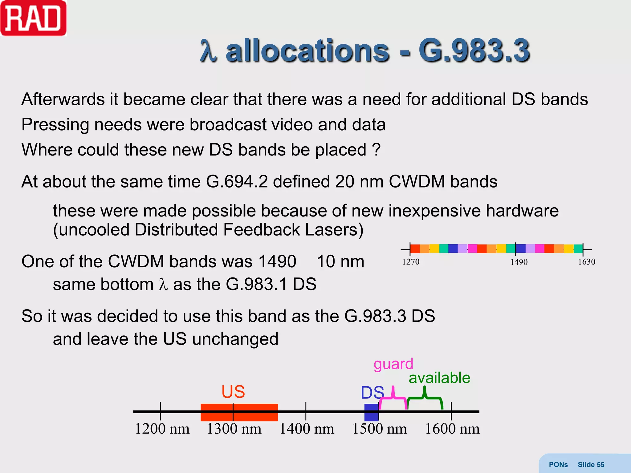 allocations - G.983.3
Afterwards it became clear that there was a need for additional DS bands
Pressing needs were broadcast video and data
Where could these new DS bands be placed ?
At about the same time G.694.2 defined 20 nm CWDM bands
    these were made possible because of new inexpensive hardware
    (uncooled Distributed Feedback Lasers)
One of the CWDM bands was 1490 10 nm              1270             1490          1630

   same bottom as the G.983.1 DS
So it was decided to use this band as the G.983.3 DS
    and leave the US unchanged
                                              guard
                                                  available
                         US                  DS
              1200 nm   1300 nm   1400 nm   1500 nm      1600 nm

                                                                          PONs   Slide 55
 