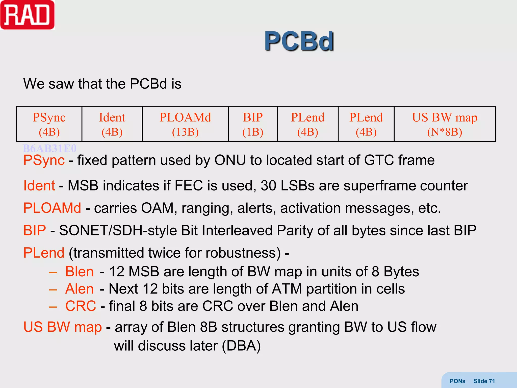 PCBd
We saw that the PCBd is

 PSync      Ident    PLOAMd       BIP     PLend    PLend     US BW map
  (4B)      (4B)       (13B)      (1B)     (4B)     (4B)        (N*8B)
B6AB31E0
PSync - fixed pattern used by ONU to located start of GTC frame
Ident - MSB indicates if FEC is used, 30 LSBs are superframe counter
PLOAMd - carries OAM, ranging, alerts, activation messages, etc.
BIP - SONET/SDH-style Bit Interleaved Parity of all bytes since last BIP
PLend (transmitted twice for robustness) -
   – Blen - 12 MSB are length of BW map in units of 8 Bytes
   – Alen - Next 12 bits are length of ATM partition in cells
   – CRC - final 8 bits are CRC over Blen and Alen
US BW map - array of Blen 8B structures granting BW to US flow
             will discuss later (DBA)

                                                                   PONs   Slide 71
 