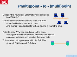 (multi)point - to - (multi)point

Multipoint-to-multipoint Ethernet avoids collisions
    by CSMA/CD
This can't work for multipoint-to-point US PON
    since ONUs don't see each other
    And the OLT can't arbitrate without adding a roundtrip time

Point-to-point ATM can send data in the open
    although trusted intermediate switches see all data
    customer switches only receive their own data
This can't work for point-to-multipoint DS PON
    since all ONUs see all DS data




                                                                  PONs   Slide 19
 