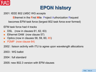 EPON history
2001: IEEE 802 LMSC WG accepts
        Ethernet in the First Mile Project Authorization Request
     becomes EFM task force (largest 802 task force ever formed)
EFM task force had 4 tracks
   DSL (now in clauses 61, 62, 63)
   Ethernet OAM (now clause 57)
   Optics (now in clauses 58, 59, 60, 65)
   P2MP (now clause 64)
2002 : liaison activity with ITU to agree upon wavelength allocations

2003 : WG ballot

2004 : full standard

2005: new 802.3 version with EFM clauses

                                                                        PONs   Slide 22
 