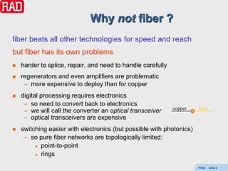 Why not fiber ?
fiber beats all other technologies for speed and reach
but fiber has its own problems
   harder to splice, repair, and need to handle carefully
   regenerators and even amplifiers are problematic
     – more expensive to deploy than for copper
   digital processing requires electronics
     – so need to convert back to electronics
                                                             copper   fiber
     – we will call the converter an optical transceiver
     – optical transceivers are expensive
   switching easier with electronics (but possible with photonics)
     – so pure fiber networks are topologically limited:
          point-to-point

          rings



                                                                      PONs    Slide 6
 