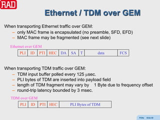 Ethernet / TDM over GEM
When transporting Ethernet traffic over GEM:
   – only MAC frame is encapsulated (no preamble, SFD, EFD)
   – MAC frame may be fragmented (see next slide)
  Ethernet over GEM
       PLI   ID   PTI HEC DA   SA   T        data     FCS


When transporting TDM traffic over GEM:
   – TDM input buffer polled every 125 sec.
   – PLI bytes of TDM are inserted into payload field
   – length of TDM fragment may vary by 1 Byte due to frequency offset
   – round-trip latency bounded by 3 msec.
   TDM over GEM
       PLI   ID   PTI HEC      PLI Bytes of TDM


                                                               PONs   Slide 69
 