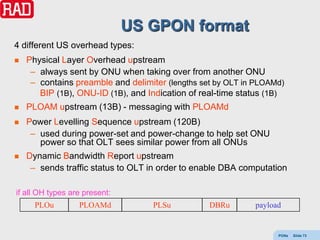 US GPON format
4 different US overhead types:
   Physical Layer Overhead upstream
     – always sent by ONU when taking over from another ONU
     – contains preamble and delimiter (lengths set by OLT in PLOAMd)
       BIP (1B), ONU-ID (1B), and Indication of real-time status (1B)
   PLOAM upstream (13B) - messaging with PLOAMd
   Power Levelling Sequence upstream (120B)
     – used during power-set and power-change to help set ONU
       power so that OLT sees similar power from all ONUs
   Dynamic Bandwidth Report upstream
     – sends traffic status to OLT in order to enable DBA computation

if all OH types are present:
      PLOu        PLOAMd           PLSu           DBRu       payload


                                                                   PONs   Slide 73
 
