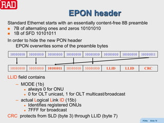 EPON header
Standard Ethernet starts with an essentially content-free 8B preamble
 7B of alternating ones and zeros 10101010
 1B of SFD 10101011

In order to hide the new PON header
    EPON overwrites some of the preamble bytes
 10101010   10101010   10101010   10101010   10101010   10101010   10101010   10101011


 10101010   10101010   10101011   10101010   10101010    LLID       LLID       CRC

LLID field contains
  – MODE (1b)
       always 0 for ONU

       0 for OLT unicast, 1 for OLT multicast/broadcast

  – actual Logical Link ID (15b)
       Identifies registered ONUs

       7FFF for broadcast

CRC protects from SLD (byte 3) through LLID (byte 7)
                                                                              PONs   Slide 76
 
