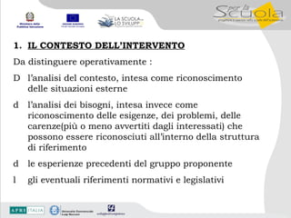 IL CONTESTO DELL’INTERVENTO Da distinguere operativamente :  l’analisi del contesto, intesa come riconoscimento delle situazioni esterne  l’analisi dei bisogni, intesa invece come riconoscimento delle esigenze, dei problemi, delle carenze(più o meno avvertiti dagli interessati) che possono essere riconosciuti all’interno della struttura di riferimento  le esperienze precedenti del gruppo proponente  gli eventuali riferimenti normativi e legislativi  