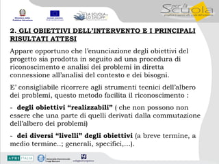 2.  GLI OBIETTIVI DELL’INTERVENTO E I PRINCIPALI RISULTATI ATTESI Appare opportuno che l’enunciazione degli obiettivi del progetto sia prodotta in seguito ad una procedura di riconoscimento e analisi dei problemi in diretta connessione all’analisi del contesto e dei bisogni.  E’ consigliabile ricorrere agli strumenti tecnici dell’albero dei problemi, questo metodo facilita il riconoscimento :  -  degli obiettivi “realizzabili”  ( che non possono non essere che una parte di quelli derivati dalla commutazione dell’albero dei problemi)  -  dei diversi “livelli” degli obiettivi  (a breve termine, a medio termine..; generali, specifici,…). 