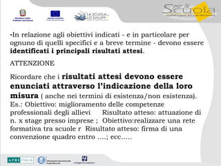 In relazione agli obiettivi indicati - e in particolare per ognuno di quelli specifici e a breve termine - devono essere  identificati i principali risultati attesi .  ATTENZIONE Ricordare che i  risultati attesi devono essere enunciati attraverso l’indicazione della loro misura  ( anche nei termini di esistenza/non esistenza). Es.: Obiettivo: miglioramento delle competenze professionali degli allievi   Risultato atteso: attuazione di n. x stage presso imprese ;  Obiettivo:realizzare una rete formativa tra scuole  Risultato atteso: firma di una convenzione quadro entro ….; ecc….. 