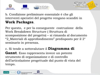 b. Condizione preliminare essenziale è che gli interventi operativi del progetto vengano scanditi in  Work Packages . Per questo,  e per la conseguente  costruzione  della Work Breakdown Structure ( Struttura di scomposizione del progetto) – si rimanda al documento “2_Materiali di approfondimento” predisposto per il 2° seminario in presenza. c. Si tende a sottovalutare il  Diagramma di Gannt . Esso rappresenta invece un potente strumento di organizzazione e di controllo dell’articolazione progettuale dal punto di vista del tempo. 