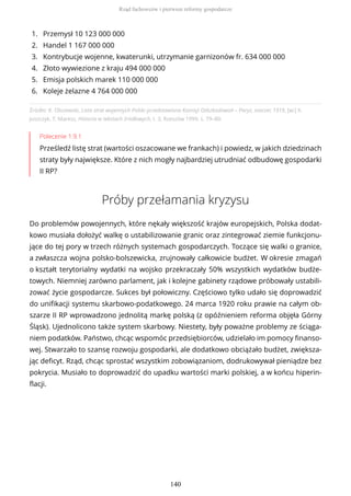 Źródło: K. Olszewski, Lista strat wojennych Polski przedstawiona Komisji Odszkodowań – Paryż, marzec 1919, [w:] K.
Juszczyk, T. Maresz, Historia w tekstach źródłowych, t. 3, Rzeszów 1999, s. 79–80.
Polecenie 1.9.1
Prześledź listę strat (wartości oszacowane we frankach) i powiedz, w jakich dziedzinach
straty były największe. Które z nich mogły najbardziej utrudniać odbudowę gospodarki
II RP?
Próby przełamania kryzysu
Do problemów powojennych, które nękały większość krajów europejskich, Polska dodat-
kowo musiała dołożyć walkę o ustabilizowanie granic oraz zintegrować ziemie funkcjonu-
jące do tej pory w trzech różnych systemach gospodarczych. Toczące się walki o granice,
a zwłaszcza wojna polsko-bolszewicka, zrujnowały całkowicie budżet. W okresie zmagań
o kształt terytorialny wydatki na wojsko przekraczały 50% wszystkich wydatków budże-
towych. Niemniej zarówno parlament, jak i kolejne gabinety rządowe próbowały ustabili-
zować życie gospodarcze. Sukces był połowiczny. Częściowo tylko udało się doprowadzić
do unifikacji systemu skarbowo-podatkowego. 24 marca 1920 roku prawie na całym ob-
szarze II RP wprowadzono jednolitą markę polską (z opóźnieniem reforma objęła Górny
Śląsk). Ujednolicono także system skarbowy. Niestety, były poważne problemy ze ściąga-
niem podatków. Państwo, chcąc wspomóc przedsiębiorców, udzielało im pomocy finanso-
wej. Stwarzało to szansę rozwoju gospodarki, ale dodatkowo obciążało budżet, zwiększa-
jąc deficyt. Rząd, chcąc sprostać wszystkim zobowiązaniom, dodrukowywał pieniądze bez
pokrycia. Musiało to doprowadzić do upadku wartości marki polskiej, a w końcu hiperin-
flacji.
1. Przemysł 10 123 000 000
2. Handel 1 167 000 000
3. Kontrybucje wojenne, kwaterunki, utrzymanie garnizonów fr. 634 000 000
4. Złoto wywiezione z kraju 494 000 000
5. Emisja polskich marek 110 000 000
6. Koleje żelazne 4 764 000 000
Rząd fachowców i pierwsze reformy gospodarcze
140
 