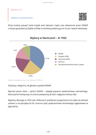 Ćwiczenie 2.2.1
Aplikacja na epodreczniki.pl
W tej trudnej sytuacji hasła krytyki pod adresem rządu oraz obwinianie przez NSDAP
o kryzys gospodarczy Żydów trafiały na bardziej podatny grunt niż po I wojnie światowej.
Źródło: Contentplus.pl sp. z o.o., licencja: CC BY 3.0
Odczytaj z diagramu, ile głosów uzyskała NSDAP.
Wymień partie, które – oprócz NSDAP – zdobyły poparcie społeczeństwa niemieckiego.
Która partia funkcjonuje na scenie politycznej do dziś i odgrywa istotną rolę?
Wyjaśnij, dlaczego w 1923 roku Hitlerowi (z podobnym programem) nie udało się odnieść
sukcesu, a na początku lat 30. znaczna część społeczeństwa niemieckiego zagłosowała na
jego partię.
Państwo Hitlera
176
 