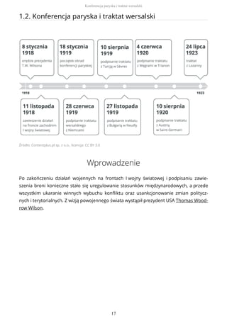 1.2. Konferencja paryska i traktat wersalski
Źródło: Contentplus.pl sp. z o.o., licencja: CC BY 3.0
Wprowadzenie
Po zakończeniu działań wojennych na frontach I wojny światowej i podpisaniu zawie-
szenia broni konieczne stało się uregulowanie stosunków międzynarodowych, a przede
wszystkim ukaranie winnych wybuchu konfliktu oraz usankcjonowanie zmian politycz-
nych i terytorialnych. Z wizją powojennego świata wystąpił prezydent USA Thomas Wood-
row Wilson.
Konferencja paryska i traktat wersalski
17
 
