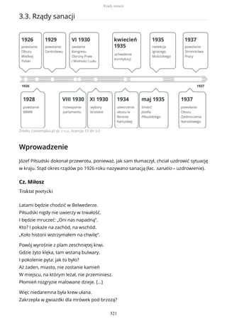 3.3. Rządy sanacji
Źródło: Contentplus.pl sp. z o.o., licencja: CC BY 3.0
Wprowadzenie
Józef Piłsudski dokonał przewrotu, ponieważ, jak sam tłumaczył, chciał uzdrowić sytuację
w kraju. Stąd okres rządów po 1926 roku nazywano sanacją (łac. sanatio – uzdrowienie).
Cz. Miłosz
Traktat poetycki
Latami będzie chodzić w Belwederze.
Piłsudski nigdy nie uwierzy w trwałość.
I będzie mruczeć: „Oni nas napadną”.
Kto? I pokaże na zachód, na wschód.
„Koło historii wstrzymałem na chwilę”.
Powój wyrośnie z plam zeschniętej krwi.
Gdzie żyto klęka, tam wstaną bulwary.
I pokolenie pyta: jak to było?
Aż żaden, miasto, nie zostanie kamień
W miejscu, na którym leżał, nie przeminiesz.
Płomień rozgryzie malowane dzieje. […]
Więc niedaremna była krew ułana.
Zakrzepła w gwiazdki dla mrówek pod brzozą?
Rządy sanacji
321
 