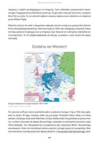 związany z rządem przebywającym na emigracji. Tymi oddziałami partyzanckimi dowo-
dził gen. Dragoljub Draza Mihailović (czetnicy). Drugi odłam tworzyli komuniści z Josipem
Broz-Tito na czele. To oni odnosili większe sukcesy, zwłaszcza po udzieleniu im wsparcia
przez Wielką Trójkę.
Również w Grecji do walki z okupantem włączyła się komunistyczna partyzantka (Grecka
Armia Narodowowyzwoleńcza). Niemniej kiedy w 1944 roku Brytyjczycy odzyskali Ateny,
do kraju powrócił znajdujący się na emigracji rząd. Nakazał on rozbrojenie oddziałów ko-
munistycznych. Te nie podporządkowały się decyzji, w związku z czym doszło do wojny
domowej.
Działania we Włoszech
II wojna światowa w Europie w latach 1941–1945
Źródło: Krystian Chariza i zespół,
Po sukcesie w Afryce alianci przenieśli walki na południe Europy. 9 lipca 1943 roku lądo-
wali na Sycylii. W ciągu miesiąca udało się ją przejąć. Prowadzili także naloty na miasta
włoskie, osłabiając wolę walki Włochów. 25 lipca Wielka Rada Faszystowska w porozumie-
niu z królem odsunęła od władzy Mussoliniego i powołała na stanowisko premiera rządu
Pietra Badoglio. Ten zdecydował się na podpisanie aktu kapitulacji Włoch. Mussoliniego
aresztowano. Hitler nie miał jednak zamiaru patrzeć, jak jego sojusznik się wycofuje. Woj-
ska niemieckie rozbroiły większość dywizji włoskich, a komandosi Otto Skorzennego uwol-
Podbój Europy przez Stalina i Hitlera
483
 