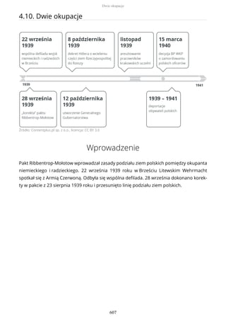 4.10. Dwie okupacje
Źródło: Contentplus.pl sp. z o.o., licencja: CC BY 3.0
Wprowadzenie
Pakt Ribbentrop-Mołotow wprowadzał zasady podziału ziem polskich pomiędzy okupanta
niemieckiego i radzieckiego. 22 września 1939 roku w Brześciu Litewskim Wehrmacht
spotkał się z Armią Czerwoną. Odbyła się wspólna defilada. 28 września dokonano korek-
ty w pakcie z 23 sierpnia 1939 roku i przesunięto linię podziału ziem polskich.
Dwie okupacje
607
 