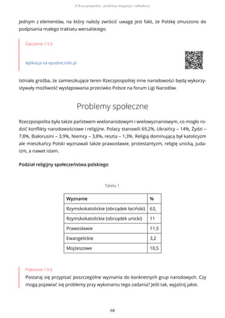 Jednym z elementów, na który należy zwrócić uwagę jest fakt, że Polskę zmuszono do
podpisania małego traktatu wersalskiego.
Ćwiczenie 1.5.6
Aplikacja na epodreczniki.pl
Istniała groźba, że zamieszkujące teren Rzeczpospolitej inne narodowości będą wykorzy-
stywały możliwość występowania przeciwko Polsce na forum Ligi Narodów.
Problemy społeczne
Rzeczpospolita była także państwem wielonarodowym i wielowyznaniowym, co mogło ro-
dzić konflikty narodowościowe i religijne. Polacy stanowili 69,2%, Ukraińcy – 14%, Żydzi –
7,8%, Białorusini – 3,9%, Niemcy – 3,8%, reszta – 1,3%. Religią dominującą był katolicyzm
ale mieszkańcy Polski wyznawali także prawosławie, protestantyzm, religię unicką, juda-
izm, a nawet islam.
Podział religijny społeczeństwa polskiego
Tabela 1.
Wyznanie %
Rzymskokatolickie (obrządek łaciński) 63,
Rzymskokatolickie (obrządek unicki) 11
Prawosławie 11,5
Ewangelickie 3,2
Mojżeszowe 10,5
Polecenie 1.5.6
Postaraj się przypisać poszczególne wyznania do konkretnych grup narodowych. Czy
mogą pojawiać się problemy przy wykonaniu tego zadania? Jeśli tak, wyjaśnij jakie.
II Rzeczpospolita - problemy integracji i odbudowy
68
 