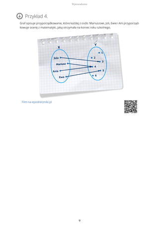 Przykład 4.
Graf opisuje przyporządkowanie, które każdej z osób: Mariuszowi, Joli, Ewie i Ani przyporząd-
kowuje ocenę z matematyki, jaką otrzymała na koniec roku szkolnego.
Film na epodreczniki.pl
Wprowadzenie
9
 