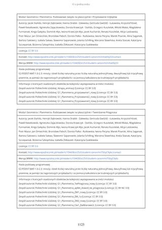 Moduł: Geometria / Planimetria. Podstawowe związki na płaszczyźnie / Przystawanie trójkątów
Autorzy: Jacek Stańdo, Henryk Dąbrowski, Hanna Drabik - Zalewska, Gertruda Gwóźdź - Łukawska, Krzysztof Kisiel,
Paweł Kwiatkowski, Agnieszka Zajączkowska, Dorota Krawczyk - Stańdo, Grzegorz Kusztelak, Witold Walas, Magdalena
Furmaniak, Kinga Gałązka, Dominik Kłys, Iwona Krawczyk-Kłys, Jacek Kucharski, Renata Kusztelak, Alicja Laskowska,
Piotr Mazur, Jan Omieciński, Bronisław Pabich, Dorota Palka - Rutkowska, Iwona Pecyna, Marek Pisarski, Alina Saganiak,
Bartosz Sakowicz, Izabela Sakwa, Sławomir Sapanowski, Jolanta Schilling, Marzena Sławińska, Aneta Stasiak, Katarzyna
Szczepaniak, Bożenna Szkopińska, Izabella Żółtaszek i Katarzyna Szablewska
Licencja: CC BY 3.0
Kontakt: http://www.epodreczniki.pl/reader/c/104436/v/25/t/student-canon/m/inHat0Iy53/contact
Wersja WWW: http://www.epodreczniki.pl/reader/c/104436/v/25/t/student-canon/m/inHat0Iy53
Hasła podstawy programowej:
E2-PODST-MAT-1.0-2.3: mnoży i dzieli liczbę naturalną przez liczbę naturalną jednocyfrową, dwucyfrową lub trzycyfrową
pisemnie, w pamięci (w najprostszych przykładach) i za pomocą kalkulatora (w trudniejszych przykładach);
Informacje o licencjach osadzonych obiektów (w kolejności występowania w treści modułu):
Zespół autorski Politechniki Łódzkiej: Atrapa_animacji [Licencja: CC BY 3.0]
Zespół autorski Politechniki Łódzkiej: G1_Planimetria_przystawanie1_nowy [Licencja: CC BY 3.0]
Zespół autorski Politechniki Łódzkiej: G1_Planimetria_Przystawanie2_nowy [Licencja: CC BY 3.0]
Zespół autorski Politechniki Łódzkiej: G1_Planimetria_Przystawanie3_nowy [Licencja: CC BY 3.0]
Moduł: Geometria / Planimetria. Podstawowe związki na płaszczyźnie / Twierdzenie Pitagorasa
Autorzy: Jacek Stańdo, Henryk Dąbrowski, Hanna Drabik - Zalewska, Gertruda Gwóźdź - Łukawska, Krzysztof Kisiel,
Paweł Kwiatkowski, Agnieszka Zajączkowska, Dorota Krawczyk - Stańdo, Grzegorz Kusztelak, Witold Walas, Magdalena
Furmaniak, Kinga Gałązka, Dominik Kłys, Iwona Krawczyk-Kłys, Jacek Kucharski, Renata Kusztelak, Alicja Laskowska,
Piotr Mazur, Jan Omieciński, Bronisław Pabich, Dorota Palka - Rutkowska, Iwona Pecyna, Marek Pisarski, Alina Saganiak,
Bartosz Sakowicz, Izabela Sakwa, Sławomir Sapanowski, Jolanta Schilling, Marzena Sławińska, Aneta Stasiak, Katarzyna
Szczepaniak, Bożenna Szkopińska, Izabella Żółtaszek i Katarzyna Szablewska
Licencja: CC BY 3.0
Kontakt: http://www.epodreczniki.pl/reader/c/104436/v/25/t/student-canon/m/iTdzyC9y6c/contact
Wersja WWW: http://www.epodreczniki.pl/reader/c/104436/v/25/t/student-canon/m/iTdzyC9y6c
Hasła podstawy programowej:
E2-PODST-MAT-1.0-2.3: mnoży i dzieli liczbę naturalną przez liczbę naturalną jednocyfrową, dwucyfrową lub trzycyfrową
pisemnie, w pamięci (w najprostszych przykładach) i za pomocą kalkulatora (w trudniejszych przykładach);
Informacje o licencjach osadzonych obiektów (w kolejności występowania w treści modułu):
Zespół autorski Politechniki Łódzkiej: G1_Planimetria_TwPitagorasa_nowy [Licencja: CC BY 3.0]
Zespół autorski Politechniki Łódzkiej: G1_Planimetria_apllet_dowod_tw_pitagorasa [Licencja: CC BY NC 3.0]
Zespół autorski Politechniki Łódzkiej: G1_Planimetria_ZM1_nowy [Licencja: CC BY 3.0]
Zespół autorski Politechniki Łódzkiej: G1_Planimetria_ZM_1a [Licencja: CC BY 3.0]
Zespół autorski Politechniki Łódzkiej: G1_Planimetria_ZM2_nowy [Licencja: CC BY 3.0]
Zespół autorski Politechniki Łódzkiej: G1_Planimetria_Cw1_ZwMiarowe2c [Licencja: CC BY 3.0]
O e-podręczniku
1123
 