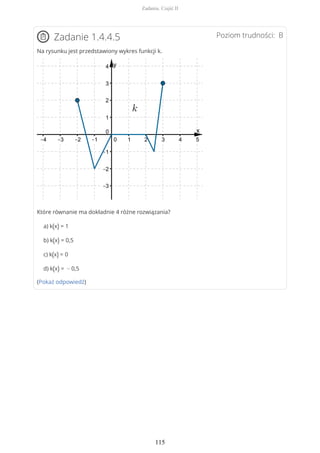 Poziom trudności: BZadanie 1.4.4.5
Na rysunku jest przedstawiony wykres funkcji k.
Które równanie ma dokładnie 4 różne rozwiązania?
a) k(x) = 1
b) k(x) = 0,5
c) k(x) = 0
d) k(x) = − 0,5
(Pokaż odpowiedź)
Zadania. Część II
115
 