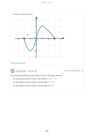 (Pokaż odpowiedź)
Poziom trudności: AZadanie 1.4.4.12
Na rysunku przedstawiony jest wykres funkcji t. Odczytaj z wykresu
zbiór wartości funkcji kd)
najmniejszą wartość funkcji t w przedziale ? −3, − 1 ?a)
najmniejszą wartość funkcji t w przedziale ? −1, 1 ?b)
najmniejszą wartość funkcji t w przedziale ? 0, 2 ?c)
Zadania. Część II
122
 