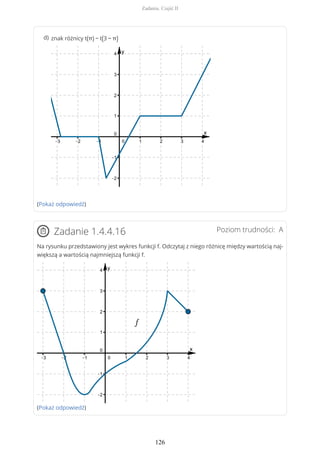 (Pokaż odpowiedź)
Poziom trudności: AZadanie 1.4.4.16
Na rysunku przedstawiony jest wykres funkcji f. Odczytaj z niego różnicę między wartością naj-
większą a wartością najmniejszą funkcji f.
(Pokaż odpowiedź)
znak różnicy t(π) − t(3 − π)d)
Zadania. Część II
126
 