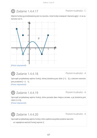 Poziom trudności: CZadanie 1.4.4.17
Wykres funkcji g przedstawiony jest na rysunku. Ustal liczbę rozwiązań równania g(x) = m w za-
leżności od m.
(Pokaż odpowiedź)
Poziom trudności: AZadanie 1.4.4.18
Sporządź przykładowy wykres funkcji, której dziedziną jest zbiór {−2, 3}, a zbiorem wartości
jest przedział { − 3, 1}.
(Pokaż odpowiedź)
Poziom trudności: AZadanie 1.4.4.19
Sporządź przykładowy wykres funkcji, która posiada dwa miejsca zerowe, a jej dziedziną jest
zbiór {−4; 0}.
(Pokaż odpowiedź)
Poziom trudności: AZadanie 1.4.4.20
Sporządź przykładowy wykres funkcji, która spełnia wszystkie podane warunki:
największa wartość funkcji wynosi 3,a)
Zadania. Część II
127
 