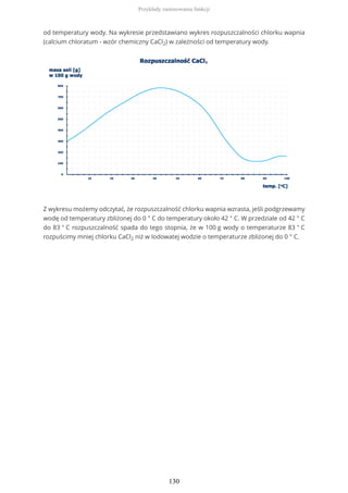 od temperatury wody. Na wykresie przedstawiano wykres rozpuszczalności chlorku wapnia
(calcium chloratum - wzór chemiczny CaCl2) w zależności od temperatury wody.
Z wykresu możemy odczytać, że rozpuszczalność chlorku wapnia wzrasta, jeśli podgrzewamy
wodę od temperatury zbliżonej do 0 ° C do temperatury około 42 ° C. W przedziale od 42 ° C
do 83 ° C rozpuszczalność spada do tego stopnia, że w 100 g wody o temperaturze 83 ° C
rozpuścimy mniej chlorku CaCl2 niż w lodowatej wodzie o temperaturze zbliżonej do 0 ° C.
Przykłady zastosowania funkcji
130
 