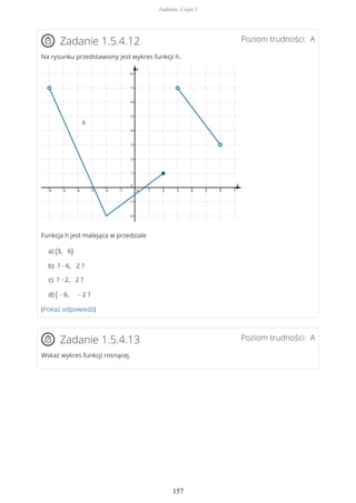 Poziom trudności: AZadanie 1.5.4.12
Na rysunku przedstawiony jest wykres funkcji h.
Funkcja h jest malejąca w przedziale
a) (3, 6)
b) ? −6, 2 ?
c) ? −2, 2 ?
d) ( − 6, − 2 ?
(Pokaż odpowiedź)
Poziom trudności: AZadanie 1.5.4.13
Wskaż wykres funkcji rosnącej.
Zadania. Część I
157
 