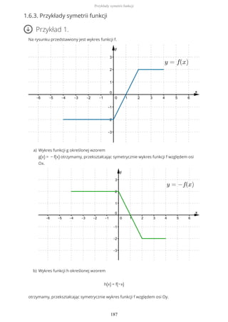 1.6.3. Przykłady symetrii funkcji
Przykład 1.
Na rysunku przedstawiony jest wykres funkcji f.
h(x) = f(−x)
otrzymamy, przekształcając symetrycznie wykres funkcji f względem osi Oy.
Wykres funkcji g określonej wzorem
g(x) = − f(x) otrzymamy, przekształcając symetrycznie wykres funkcji f względem osi
Ox.
a)
Wykres funkcji h określonej wzoremb)
Przykłady symetrii funkcji
187
 