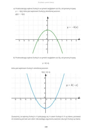 y = k(−x),
która jest wykresem funkcji h określonej wzorem
h(x) = k(−x).
Zauważmy, że wykresy funkcji k i h pokrywają się. A zatem funkcje k i h są równe, ponieważ
ich dziedziną jest taki sam zbiór i dla każdego argumentu wartości obu tych funkcji są równe.
Przekształcając wykres funkcji k w symetrii względem osi Ox, otrzymamy krzywą
y = − k(x), która jest wykresem funkcji g określonej wzorem
g(x) = − k(x).
a)
Przekształcając wykres funkcji k w symetrii względem osi Oy, otrzymamy krzywąb)
Przykłady symetrii funkcji
189
 