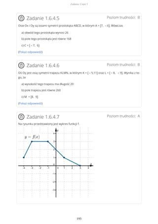 Poziom trudności: BZadanie 1.6.4.5
Osie Ox i Oy są osiami symetrii prostokąta ABCD, w którym A = (7, – 6). Wówczas
a) obwód tego prostokąta wynosi 26
b) pole tego prostokąta jest równe 168
c) C = ( – 7, 6)
(Pokaż odpowiedź)
Poziom trudności: BZadanie 1.6.4.6
Oś Oy jest osią symetrii trapezu KLMN, w którym K = ( – 5,11) oraz L = ( – 8, – 9). Wynika z te-
go, że
a) wysokość tego trapezu ma długość 20
b) pole trapezu jest równe 260
c) M = (8, 9)
(Pokaż odpowiedź)
Poziom trudności: AZadanie 1.6.4.7
Na rysunku przedstawiony jest wykres funkcji f.
Zadania. Część I
193
 