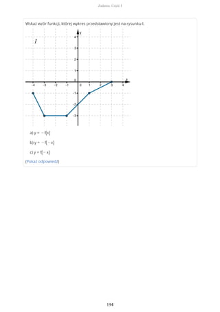 Wskaż wzór funkcji, której wykres przedstawiony jest na rysunku I.
a) y = − f(x)
b) y = − f( − x)
c) y = f( − x)
(Pokaż odpowiedź)
Zadania. Część I
194
 