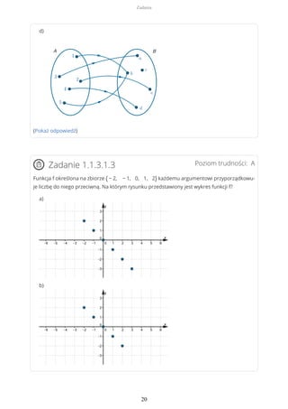 d)
(Pokaż odpowiedź)
Poziom trudności: AZadanie 1.1.3.1.3
Funkcja f określona na zbiorze { − 2, − 1, 0, 1, 2} każdemu argumentowi przyporządkowu-
je liczbę do niego przeciwną. Na którym rysunku przedstawiony jest wykres funkcji f?
a)
b)
Zadania
20
 