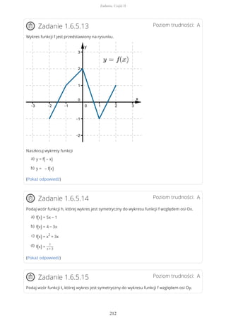 Poziom trudności: AZadanie 1.6.5.13
Wykres funkcji f jest przedstawiony na rysunku.
Naszkicuj wykresy funkcji
(Pokaż odpowiedź)
Poziom trudności: AZadanie 1.6.5.14
Podaj wzór funkcji h, której wykres jest symetryczny do wykresu funkcji f względem osi Ox.
(Pokaż odpowiedź)
Poziom trudności: AZadanie 1.6.5.15
Podaj wzór funkcji t, której wykres jest symetryczny do wykresu funkcji f względem osi Oy.
y = f( – x)a)
y = – f(x)b)
f(x) = 5x − 1a)
f(x) = 4 − 3xb)
f(x) = x
2
+ 3xc)
f(x) =
1
x + 3
d)
Zadania. Część II
212
 